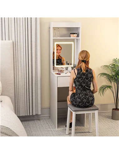 HOMCOM Small Vanity Desk with Mirror and LED Lights, Compact Dressing Table with Drop Leaf, Open Shelves and Drawer, White