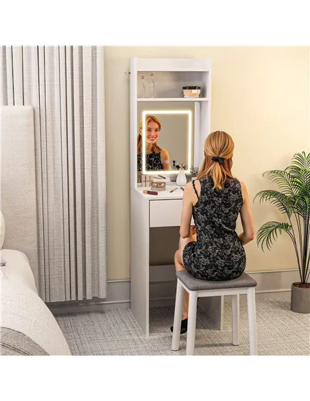 HOMCOM Small Vanity Desk with Mirror and LED Lights, Compact Dressing Table with Drop Leaf, Open Shelves and Drawer, White