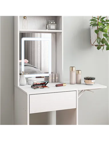 HOMCOM Small Vanity Desk with Mirror and LED Lights, Compact Dressing Table with Drop Leaf, Open Shelves and Drawer, White