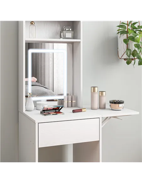 HOMCOM Small Vanity Desk with Mirror and LED Lights, Compact Dressing Table with Drop Leaf, Open Shelves and Drawer, White
