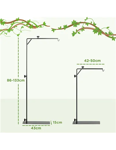 PawHut 86-129Hcm Adjustable Height and Length Reptile Lamp Stand Holder with Hook Hanging, Base - Black
