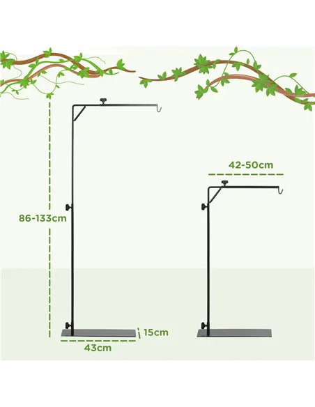 PawHut 86-129Hcm Adjustable Height and Length Reptile Lamp Stand Holder with Hook Hanging, Base - Black