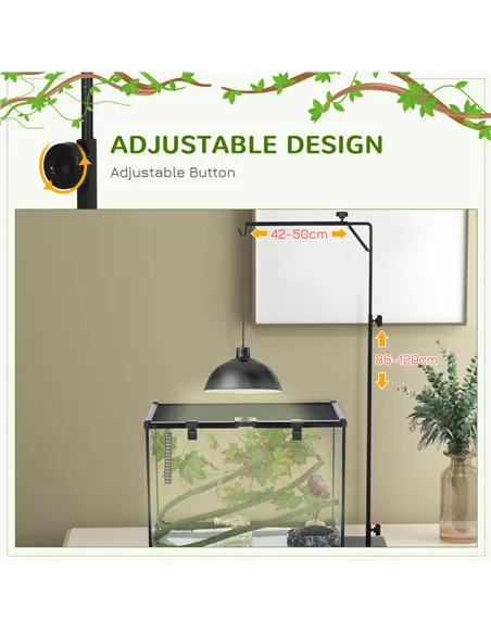 PawHut 86-129Hcm Adjustable Height and Length Reptile Lamp Stand Holder with Hook Hanging, Base - Black