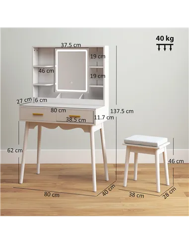HOMCOM Elegant Dressing Table, with LED Mirror - White