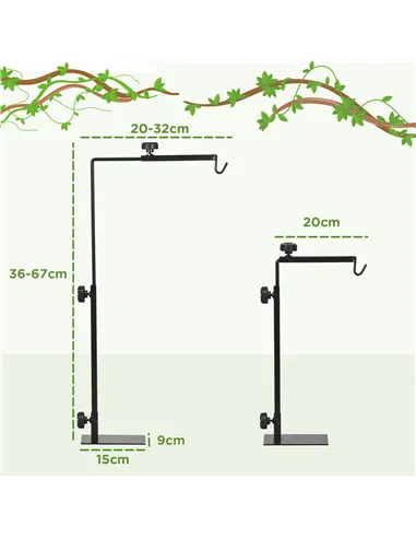 PawHut Adjustable Height and Length Reptile Lamp Stand Holder with Hook Hanging, Base - Black
