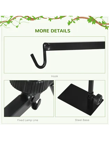 PawHut Adjustable Height and Length Reptile Lamp Stand Holder with Hook Hanging, Base - Black