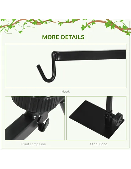 PawHut Adjustable Height and Length Reptile Lamp Stand Holder with Hook Hanging, Base - Black