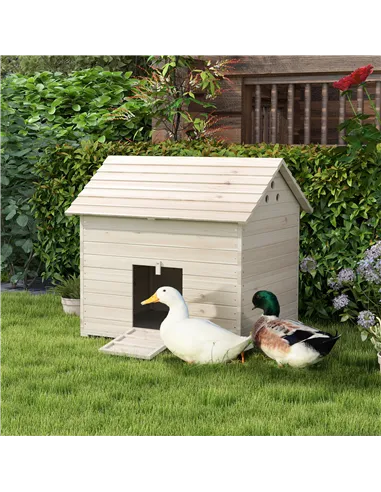 PawHut Wooden Duck House Poultry Coop for 2-4 Ducks with Openable Roof Raised Feet Air Holes Natural