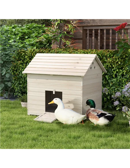 PawHut Wooden Duck House Poultry Coop for 2-4 Ducks with Openable Roof Raised Feet Air Holes Natural