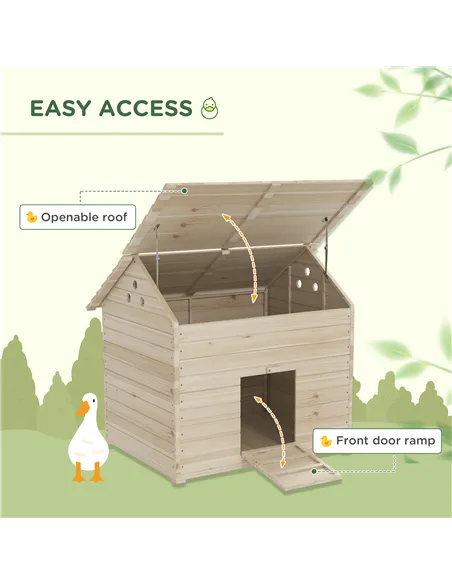 PawHut Wooden Duck House Poultry Coop for 2-4 Ducks with Openable Roof Raised Feet Air Holes Natural