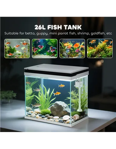 PawHut 26L Glass Fish Tank With Filter System, LED Lights, Water Pump, White