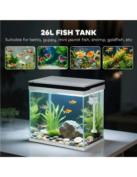 PawHut 26L Glass Fish Tank With Filter System, LED Lights, Water Pump, White