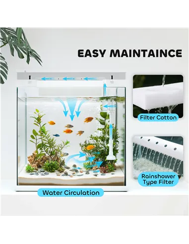 PawHut 14L Glass Fish Tank With Filter System, LED Lights, Water Pump, White