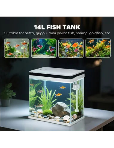 PawHut 14L Glass Fish Tank With Filter System, LED Lights, Water Pump, White