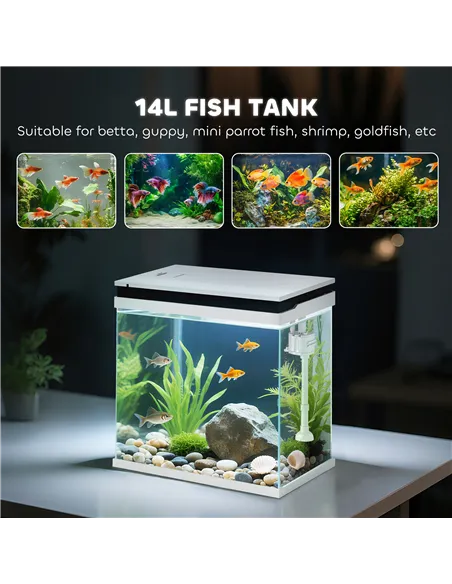 PawHut 14L Glass Fish Tank With Filter System, LED Lights, Water Pump, White
