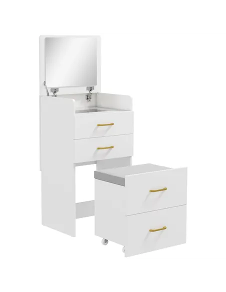 HOMCOM 3 in 1 Dressing Table with Flip-top Mirror and Rolling Stool, Modern Vanity Desk with Visible Glass Tabletop, Drawers and