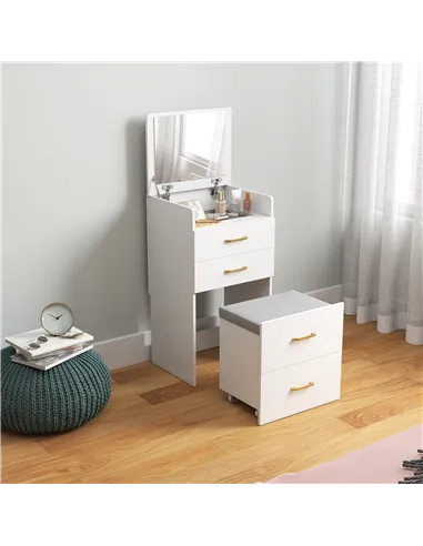 HOMCOM 3 in 1 Dressing Table with Flip-top Mirror and Rolling Stool, Modern Vanity Desk with Visible Glass Tabletop, Drawers and