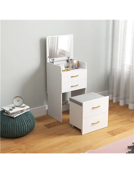 HOMCOM 3 in 1 Dressing Table with Flip-top Mirror and Rolling Stool, Modern Vanity Desk with Visible Glass Tabletop, Drawers and