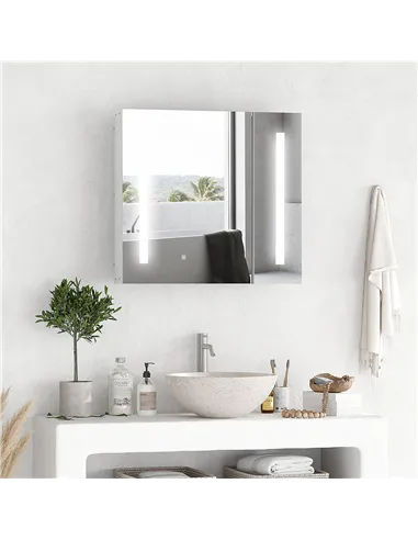 Illuminated Bathroom Mirror Cabinet 650 x 700Hmm LED Bathroom Mirror with Lights Touch Switch, Adjustable Shelf,  USB Charge, Wh
