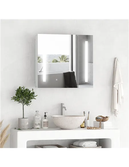 Illuminated Bathroom Mirror Cabinet 650 x 700Hmm LED Bathroom Mirror with Lights Touch Switch, Adjustable Shelf,  USB Charge, Wh