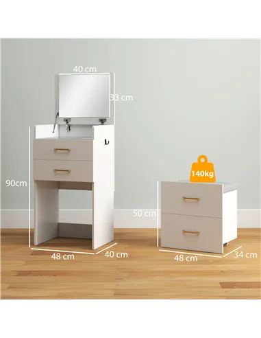 HOMCOM 3 in 1 Dressing Table with Flip-top Mirror and Rolling Stool, Modern Vanity Desk with Visible Glass Tabletop, Drawers and