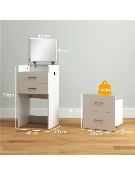 HOMCOM 3 in 1 Dressing Table with Flip-top Mirror and Rolling Stool, Modern Vanity Desk with Visible Glass Tabletop, Drawers and