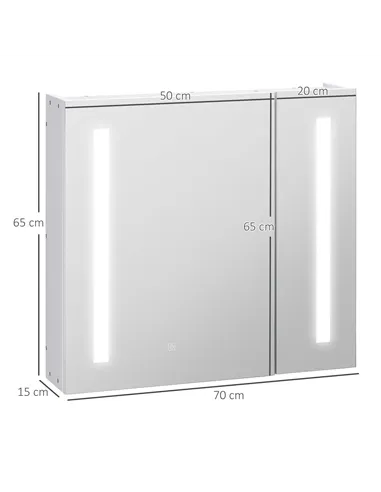 Illuminated Bathroom Mirror Cabinet 650 x 700Hmm LED Bathroom Mirror with Lights Touch Switch, Adjustable Shelf,  USB Charge, Wh