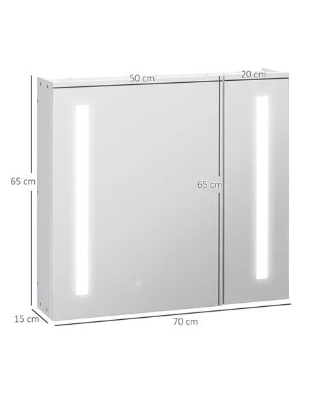 Illuminated Bathroom Mirror Cabinet 650 x 700Hmm LED Bathroom Mirror with Lights Touch Switch, Adjustable Shelf,  USB Charge, Wh