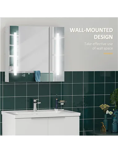 Illuminated Bathroom Mirror Cabinet 650 x 700Hmm LED Bathroom Mirror with Lights Touch Switch, Adjustable Shelf,  USB Charge, Wh