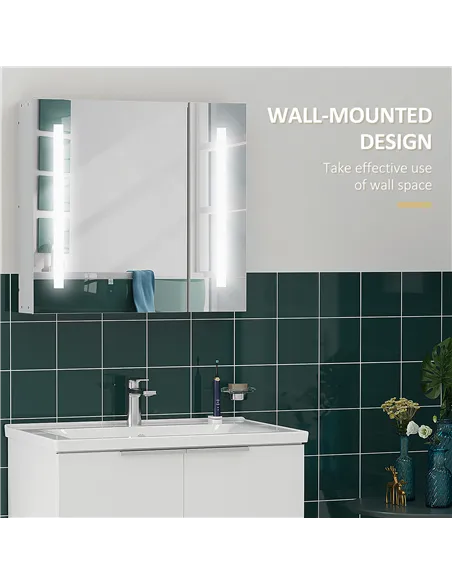 Illuminated Bathroom Mirror Cabinet 650 x 700Hmm LED Bathroom Mirror with Lights Touch Switch, Adjustable Shelf,  USB Charge, Wh