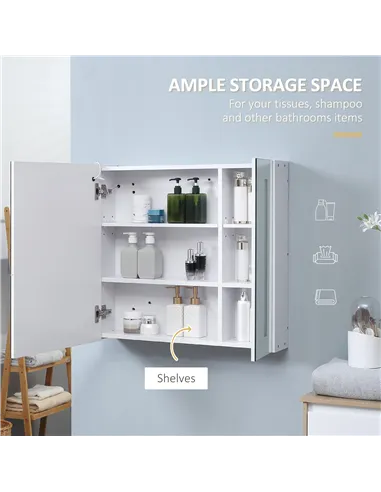 Illuminated Bathroom Mirror Cabinet 650 x 700Hmm LED Bathroom Mirror with Lights Touch Switch, Adjustable Shelf,  USB Charge, Wh