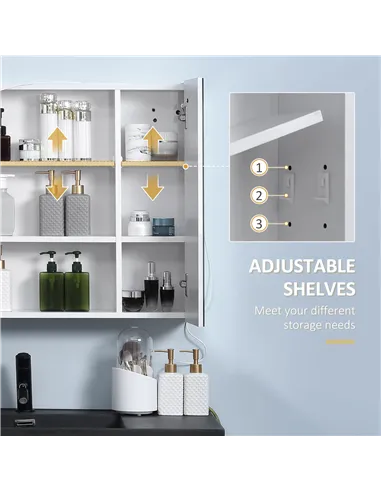 Illuminated Bathroom Mirror Cabinet 650 x 700Hmm LED Bathroom Mirror with Lights Touch Switch, Adjustable Shelf,  USB Charge, Wh