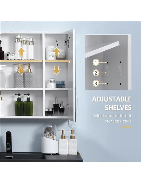 Illuminated Bathroom Mirror Cabinet 650 x 700Hmm LED Bathroom Mirror with Lights Touch Switch, Adjustable Shelf,  USB Charge, Wh