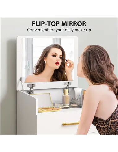 HOMCOM 3 in 1 Dressing Table with Flip-top Mirror and Rolling Stool, Modern Vanity Desk with Visible Glass Tabletop, Drawers and