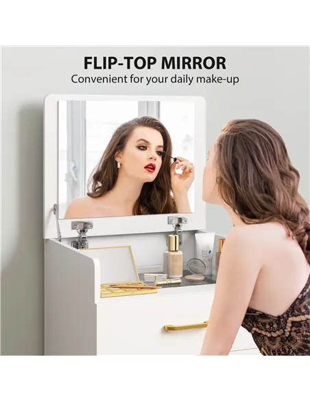 HOMCOM 3 in 1 Dressing Table with Flip-top Mirror and Rolling Stool, Modern Vanity Desk with Visible Glass Tabletop, Drawers and