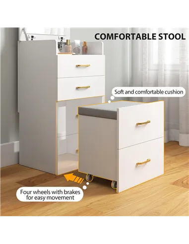HOMCOM 3 in 1 Dressing Table with Flip-top Mirror and Rolling Stool, Modern Vanity Desk with Visible Glass Tabletop, Drawers and