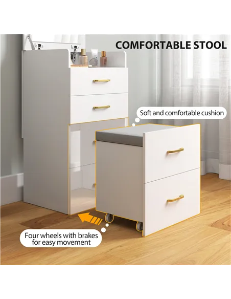HOMCOM 3 in 1 Dressing Table with Flip-top Mirror and Rolling Stool, Modern Vanity Desk with Visible Glass Tabletop, Drawers and