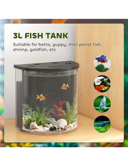 PawHut 3L Small Fish Tank with Filter System, LED Light, Small Fish Tank for Betta, Goldfish, Shrimp, Black