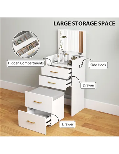 HOMCOM 3 in 1 Dressing Table with Flip-top Mirror and Rolling Stool, Modern Vanity Desk with Visible Glass Tabletop, Drawers and
