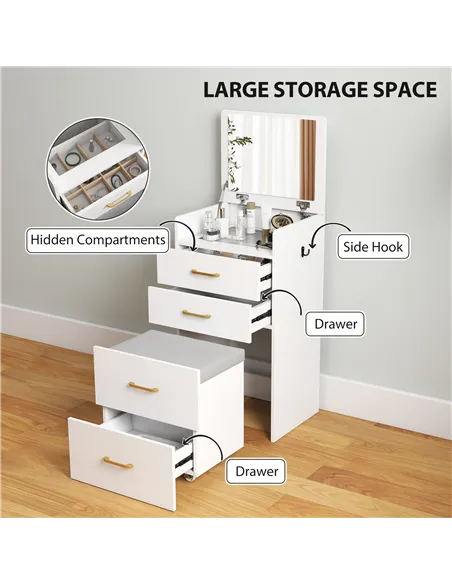 HOMCOM 3 in 1 Dressing Table with Flip-top Mirror and Rolling Stool, Modern Vanity Desk with Visible Glass Tabletop, Drawers and
