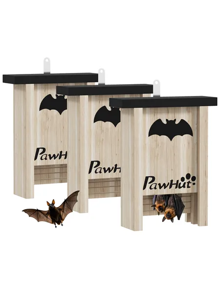 PawHut 3PCs Wooden Bat Boxes, Bat Houses Designed to Attract Bats & Easy to Hang for Outdoor, Garden, Farm, 18 x 6 x 22.5 cm