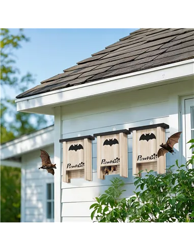 PawHut 3PCs Wooden Bat Boxes, Bat Houses Designed to Attract Bats & Easy to Hang for Outdoor, Garden, Farm, 18 x 6 x 22.5 cm