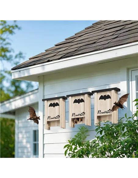 PawHut 3PCs Wooden Bat Boxes, Bat Houses Designed to Attract Bats & Easy to Hang for Outdoor, Garden, Farm, 18 x 6 x 22.5 cm