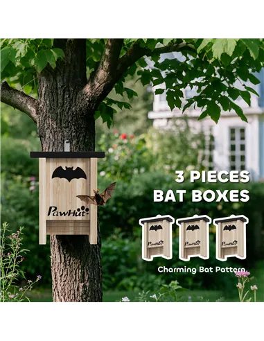 PawHut 3PCs Wooden Bat Boxes, Bat Houses Designed to Attract Bats & Easy to Hang for Outdoor, Garden, Farm, 18 x 6 x 22.5 cm