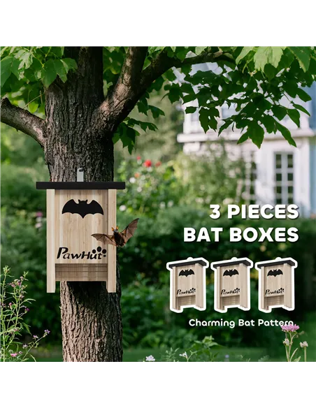 PawHut 3PCs Wooden Bat Boxes, Bat Houses Designed to Attract Bats & Easy to Hang for Outdoor, Garden, Farm, 18 x 6 x 22.5 cm