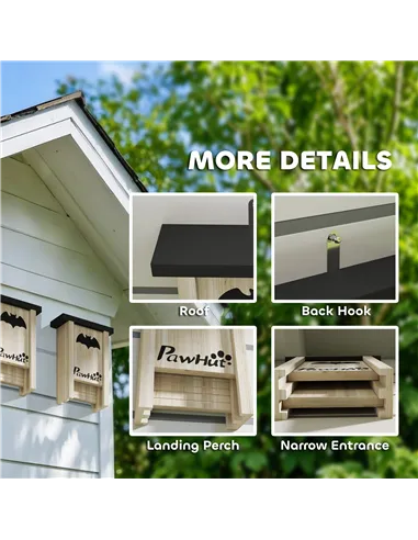 PawHut 3PCs Wooden Bat Boxes, Bat Houses Designed to Attract Bats & Easy to Hang for Outdoor, Garden, Farm, 18 x 6 x 22.5 cm