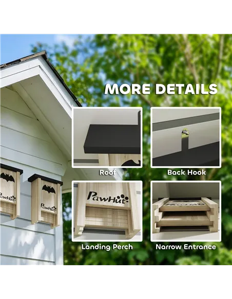 PawHut 3PCs Wooden Bat Boxes, Bat Houses Designed to Attract Bats & Easy to Hang for Outdoor, Garden, Farm, 18 x 6 x 22.5 cm