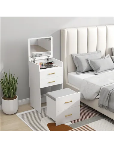 HOMCOM 3 in 1 Dressing Table with Flip-top Mirror and Rolling Stool, Modern Vanity Desk with Visible Glass Tabletop, Drawers and