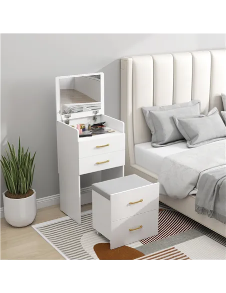 HOMCOM 3 in 1 Dressing Table with Flip-top Mirror and Rolling Stool, Modern Vanity Desk with Visible Glass Tabletop, Drawers and