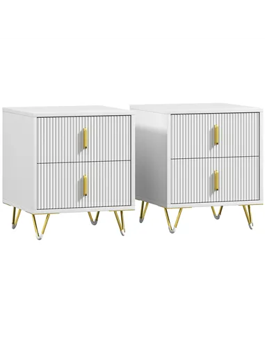 Set of 2 Elegant Chest of Two Drawers - White/Gold-Tone